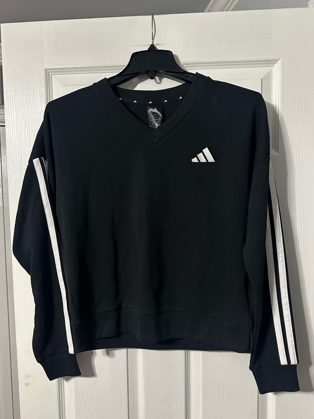 NWT adidas Women’s  Black V-Neck Sweatshirt with White Stripe Sleeves